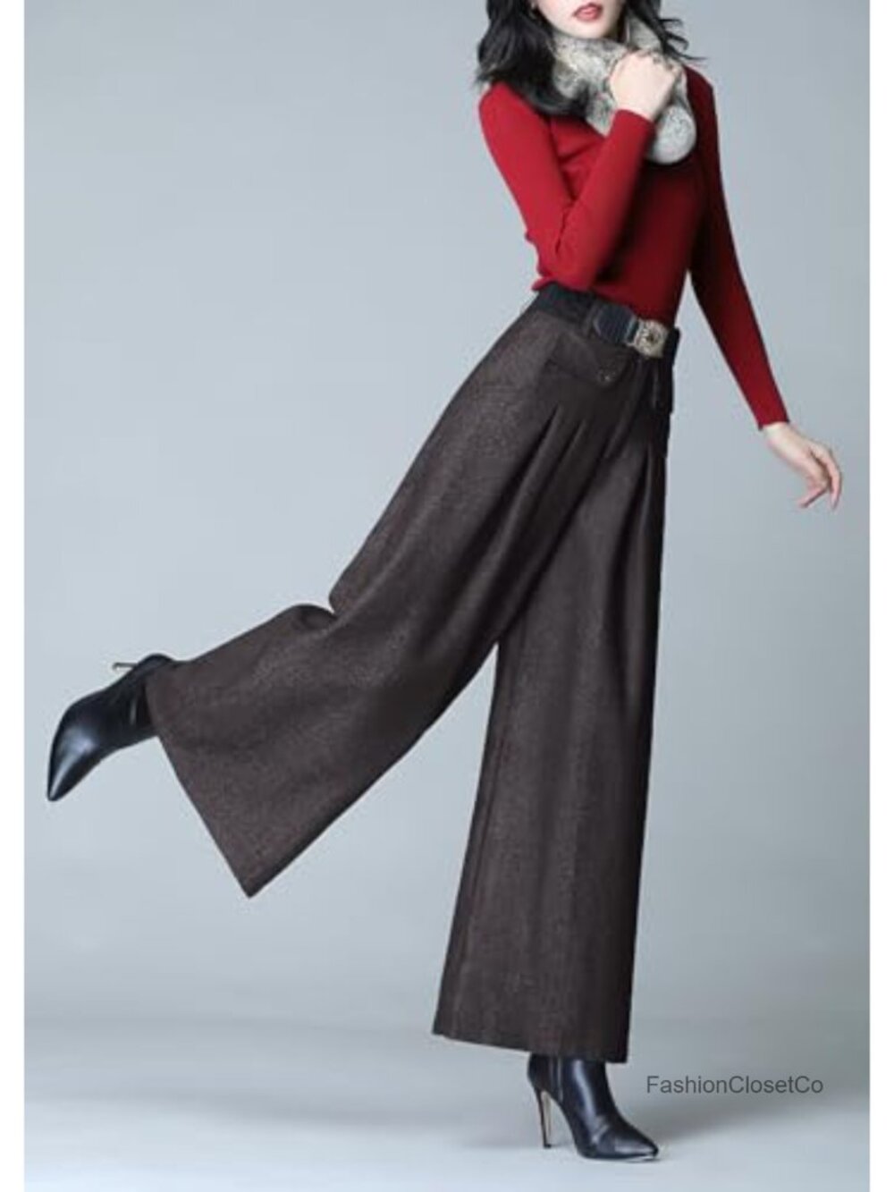 Women's Wool Blend Wide Leg Pleated High Rise Long Palazzo Trousers - Picture 3 of 3